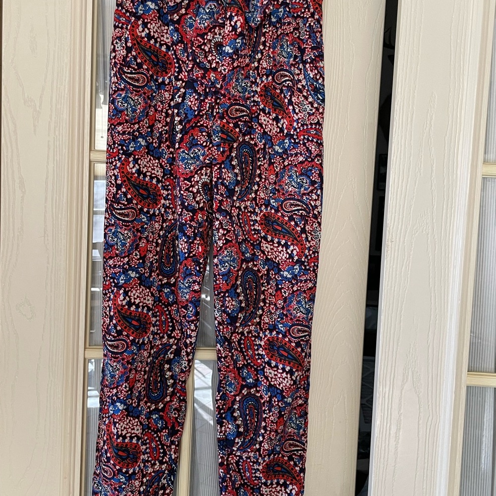 Size small red multi color, elastic waist pants with same color material sash